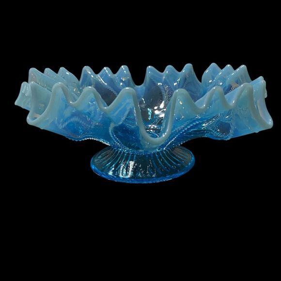 Nothwood Opalescent Blue Antique Glass Roulette Bowl 1906 Crimped Ruffled Edge - Picture 3 of 10
